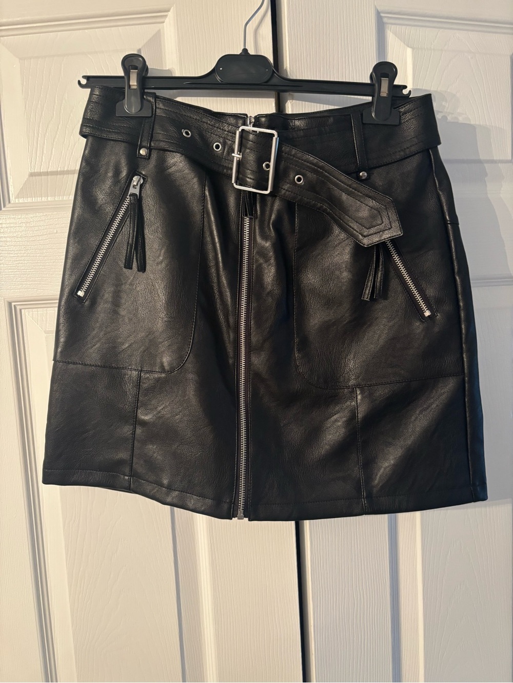 Topshop Black Faux Leather Belted Mini Skirt with Front Zip